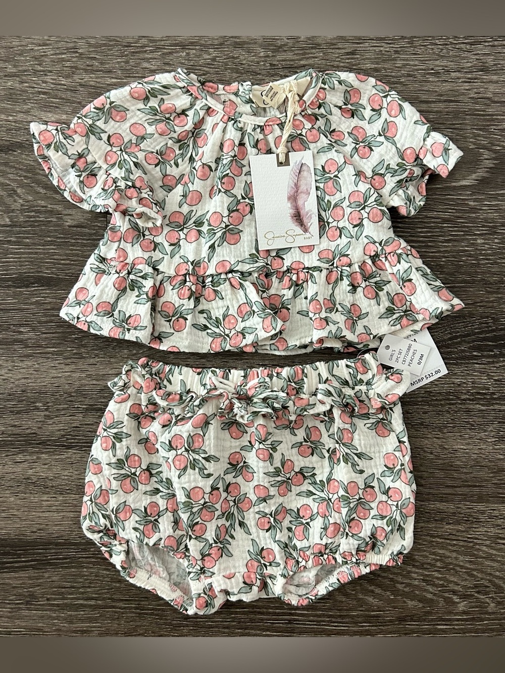 Jessica Simpson Peach Print Gauze Cotton Matching Set Baby Girl Outfit 0-3m NWT